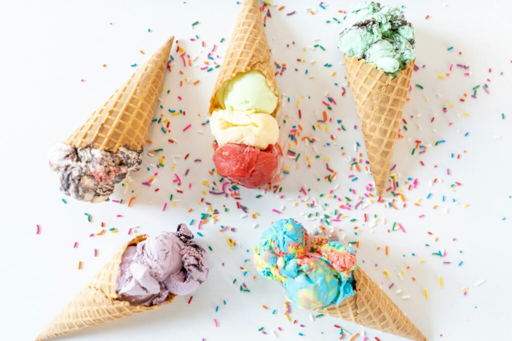 Various flavored ice cream cones